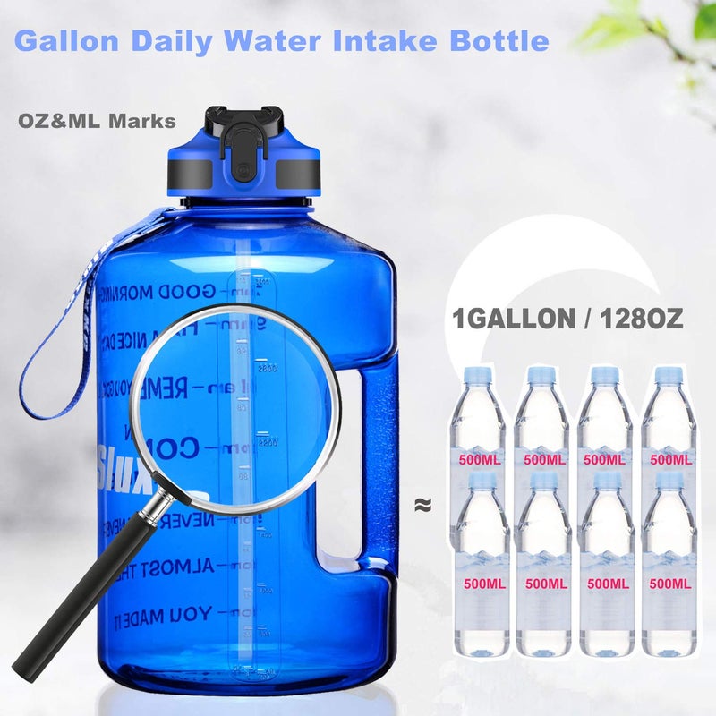 SLUXKE Gallon Water Bottle Jug with Time Marker BPA Free, 128oz Big Water Bottle with Handle and Straw Leak Proof, One Click Open Huge Sports Water Bottle Blue - Image 2